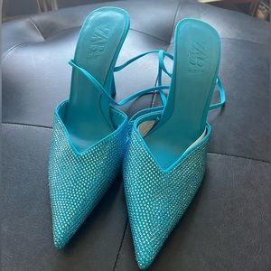 ZARA electric blue rhinestone mules